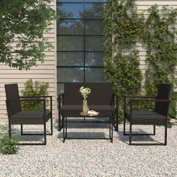 vidaXL 4-tlg. Garten-Lounge-Set mit Kissen Schwarz Poly Rattan
