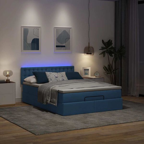 vidaXL Ottomane Bett mit Matratze & LEDs Blau 140x190 cm Stoff