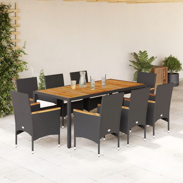 vidaXL 9-tlg. Garten-Essgruppe mit Kissen Schwarz Poly Rattan Akazie