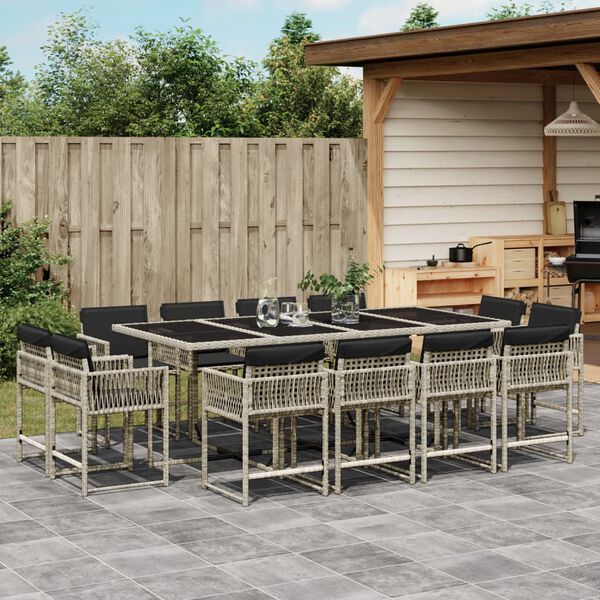 vidaXL 13-tlg. Garten-Essgruppe mit Kissen Hellgrau Poly Rattan