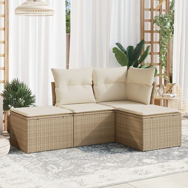 vidaXL 4-tlg. Garten-Sofagarnitur mit Kissen Beige Poly Rattan