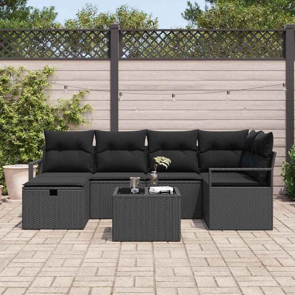 vidaXL Sofa Set mit Kissen mit Speicher Schwarz Poly-Rattan