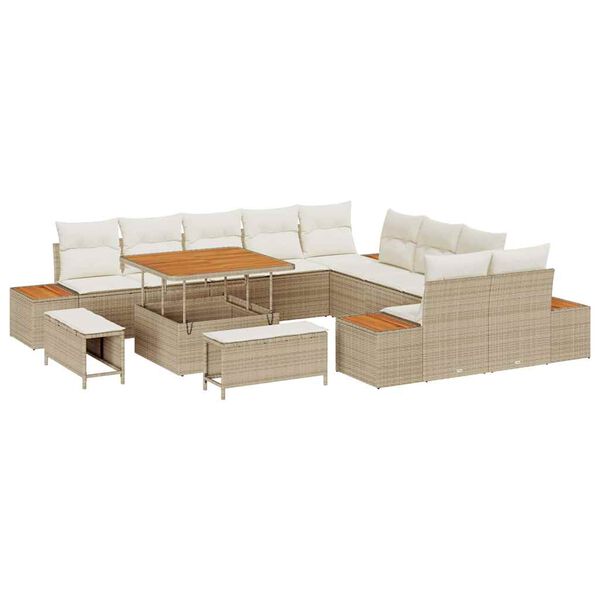 vidaXL Gartensofa-set mit Kissen mit Speicher 13 pcs Beige Poly Rattan