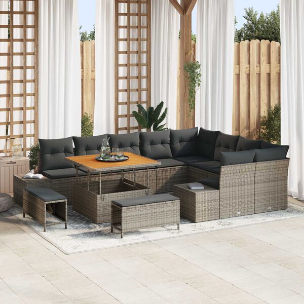 vidaXL Gartensofa-set mit Kissen mit Speicher 12 pcs Grau Poly Rattan