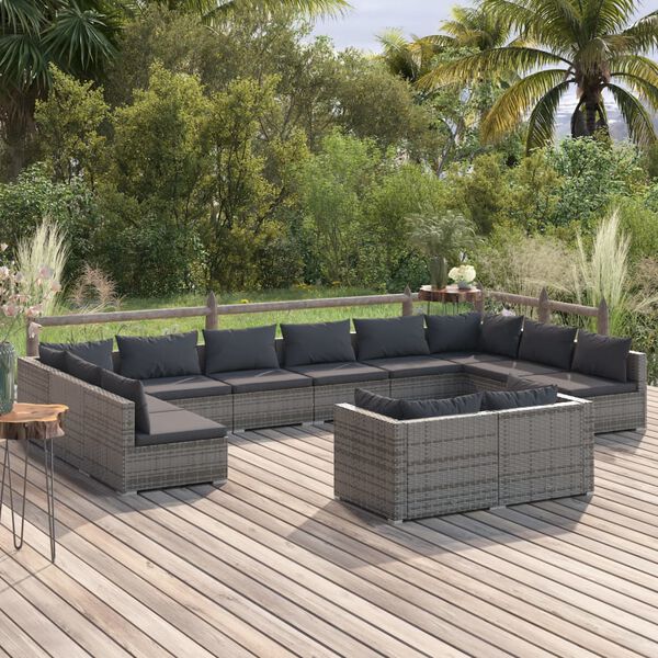 vidaXL 12-tlg. Garten-Lounge-Set mit Kissen Grau Poly Rattan