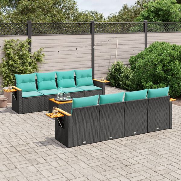 vidaXL 9-tlg. Garten-Sofagarnitur mit Kissen Schwarz Poly Rattan