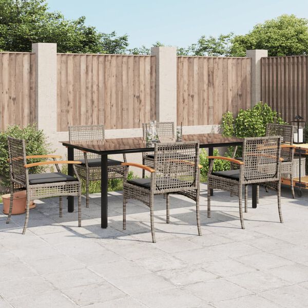 vidaXL 7-tlg. Garten-Essgruppe mit Kissen Grau Poly Rattan