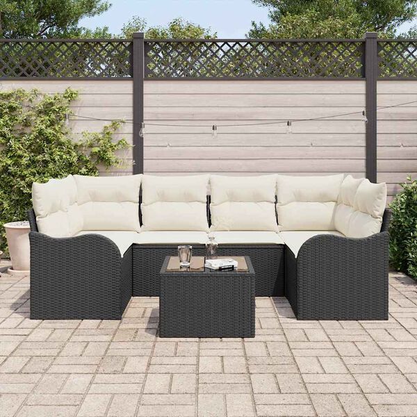 vidaXL Garten-Sofa-Set mit Kissen mit Speicher 7 pcs Schwarz und Creme