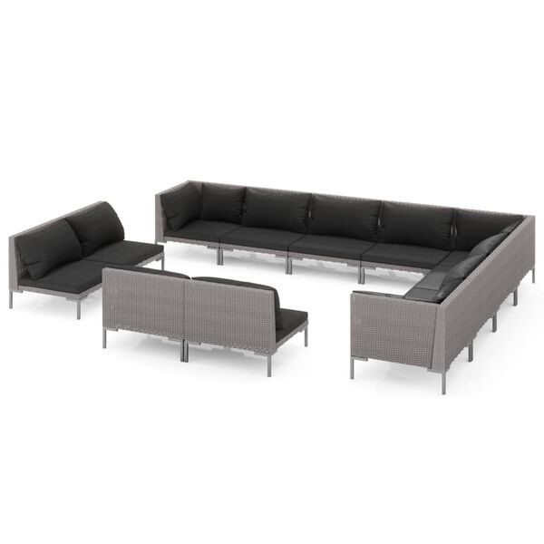 vidaXL 12-tlg. Garten-Lounge-Set mit Kissen Poly Rattan Dunkelgrau