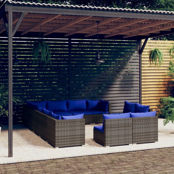 vidaXL 12-tlg. Garten-Lounge-Set mit Kissen Grau Poly Rattan