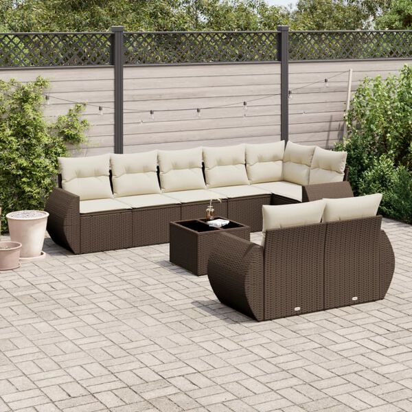 vidaXL 9-tlg. Garten-Sofagarnitur mit Kissen Braun Poly Rattan