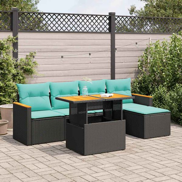 vidaXL 6-tlg. Garten-Sofagarnitur mit Kissen Schwarz Poly Rattan
