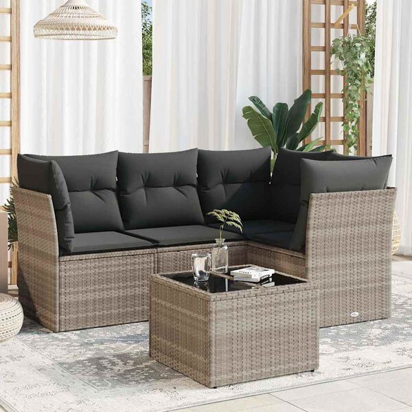 vidaXL 5-tlg. Garten-Sofagarnitur mit Kissen Hellgrau Poly Rattan