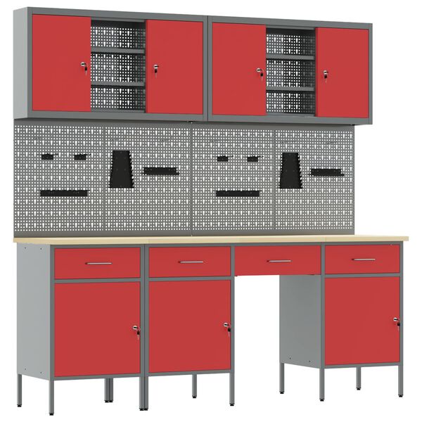 vidaXL Werkbank mit Schubladen 10 pcs Rot 200 x 55 x 200 cm Stahl