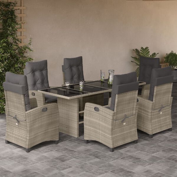 vidaXL 7-tlg. Garten-Essgruppe mit Kissen Hellgrau Poly Rattan