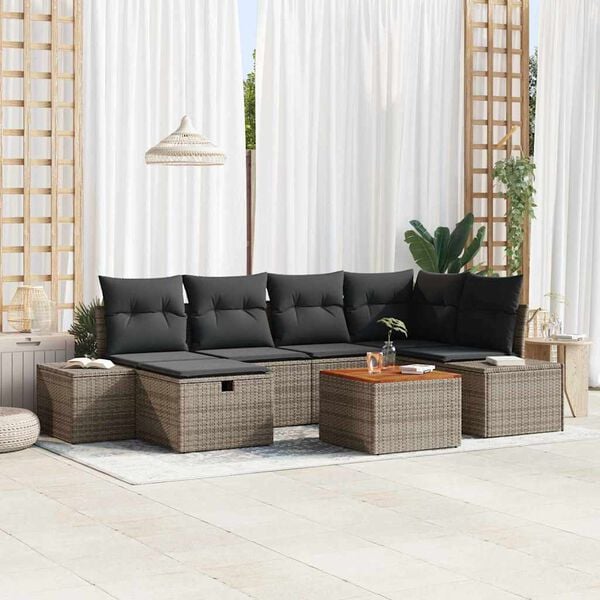 vidaXL Gartensofa-set mit Kissen mit Speicher 7 pcs Grau Poly-Rattan