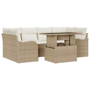 vidaXL Gartensofa-set mit Kissen mit Speicher 7 pcs Beige Poly Rattan