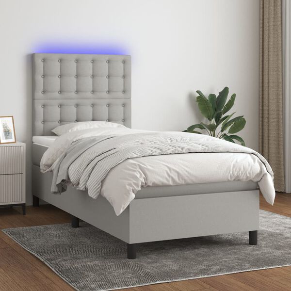 vidaXL Boxspringbett mit Matratze & LED Hellgrau 90x200 cm Stoff