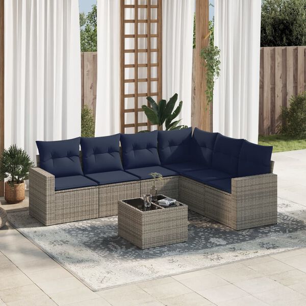 vidaXL 7-tlg. Garten-Sofagarnitur mit Kissen Grau Poly Rattan