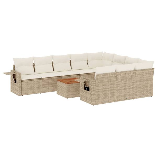 vidaXL 11-tlg. Garten-Sofagarnitur mit Kissen Beige Poly Rattan