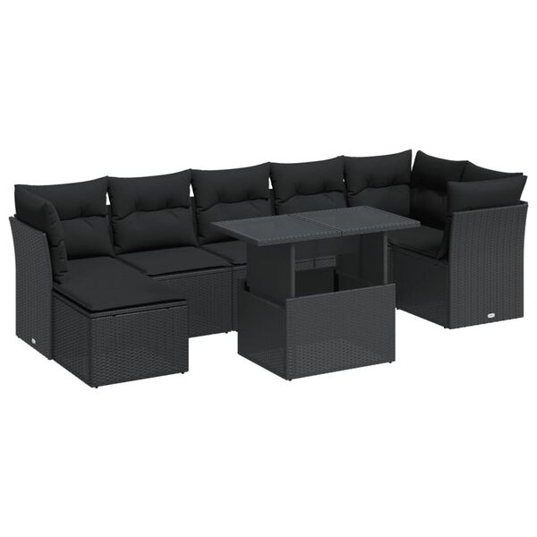 vidaXL 8-tlg. Garten-Sofagarnitur mit Kissen Schwarz Poly Rattan