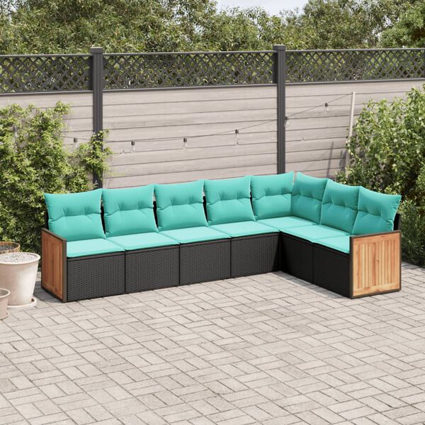 vidaXL 7-teiliges Gartensofa-Set mit Kissen, schwarzes Polyrattan