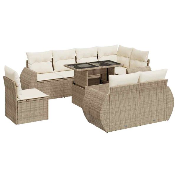 vidaXL 9-tlg. Garten-Sofagarnitur mit Kissen Beige Poly Rattan