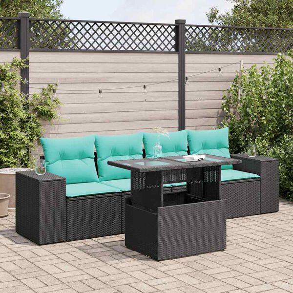 vidaXL 5tlg. Garten-Sofagarnitur mit Kissen Schwarz Poly Rattan Akazie