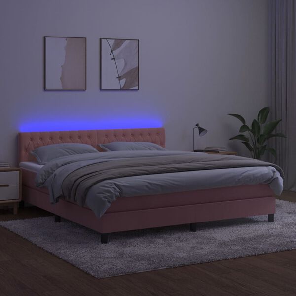 vidaXL Boxspringbett mit Matratze & LED Rosa 160x200 cm Samt
