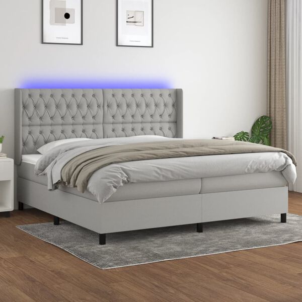 vidaXL Boxspringbett mit Matratze & LED Hellgrau 200x200 cm Stoff