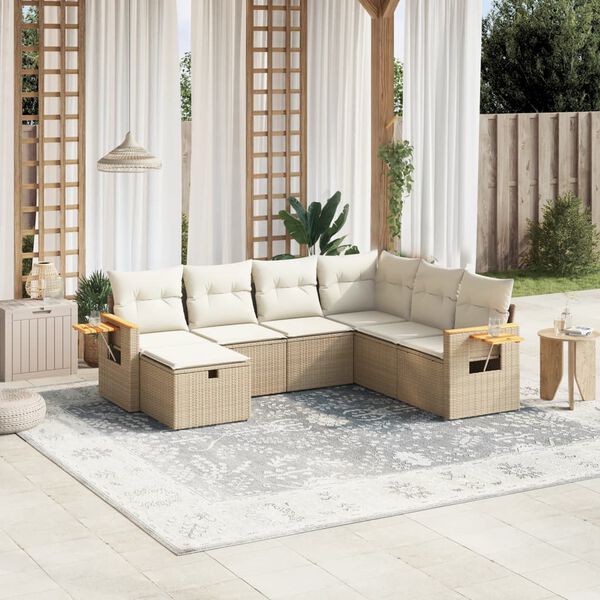vidaXL 7-tlg. Garten-Sofagarnitur mit Kissen Beige Poly Rattan