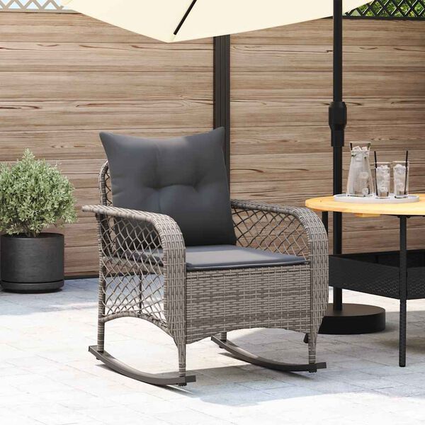 vidaXL Garten-Schaukelstuhl mit Kissen Grau Poly Rattan