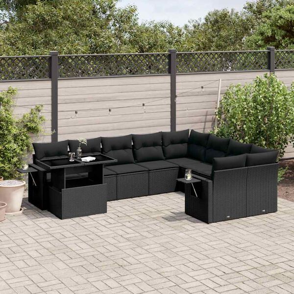 vidaXL 10-tlg. Garten-Sofagarnitur mit Kissen Schwarz Poly Rattan