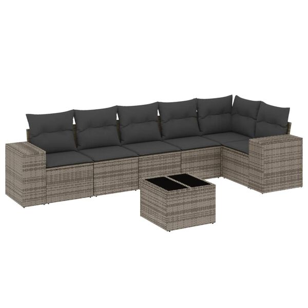 vidaXL 7-tlg. Garten-Sofagarnitur mit Kissen Grau Poly Rattan