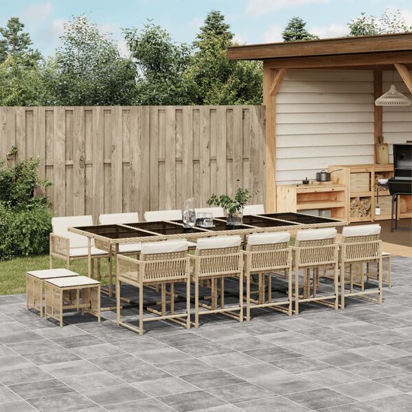 vidaXL 15-tlg. Garten-Essgruppe mit Kissen Beige Poly Rattan