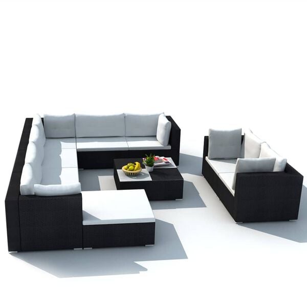 vidaXL 10-tlg. Garten-Lounge-Set mit Auflagen Poly Rattan Schwarz