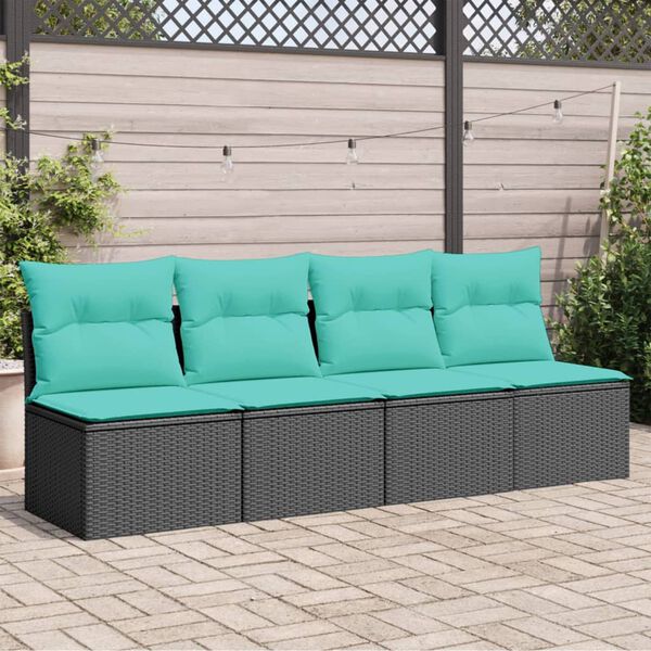 vidaXL Gartensofa mit Kissen 4-Sitzer Schwarz Poly Rattan