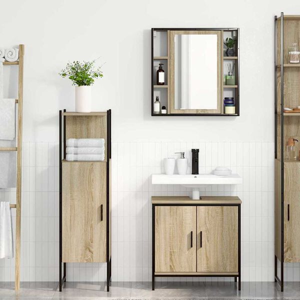 vidaXL Badezimmerm&ouml;bel-Set mit Regal mit T&uuml;r 3 pcs Braun Holzwerkstoff