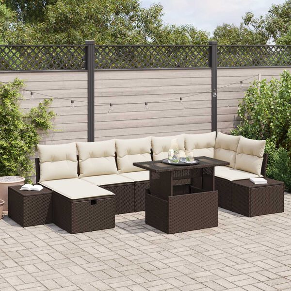 vidaXL Garten-Sofa-Set mit Kissen mit Speicher 8 pcs Braun Poly Rattan