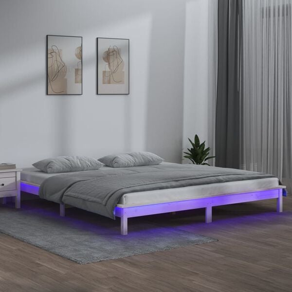 vidaXL Massivholzbett mit LEDs Wei&szlig; 135x190 cm