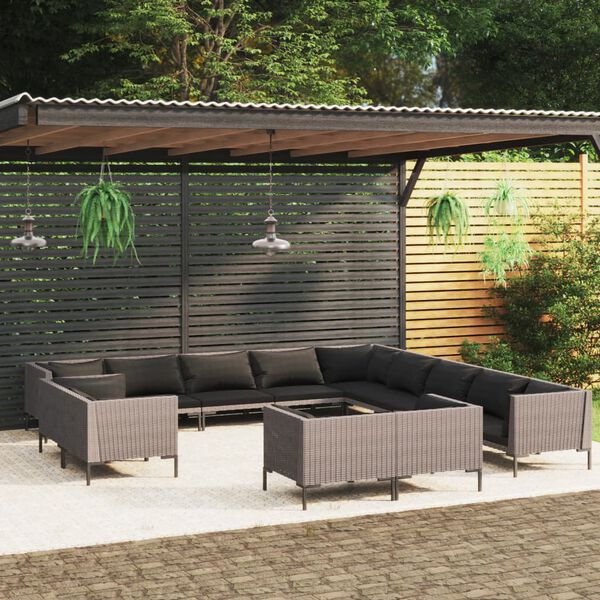 vidaXL 13-tlg. Garten-Lounge-Set mit Kissen Poly Rattan Dunkelgrau