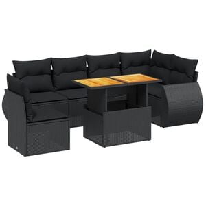 vidaXL 7-tlg. Garten-Sofagarnitur mit Kissen Schwarz Poly Rattan