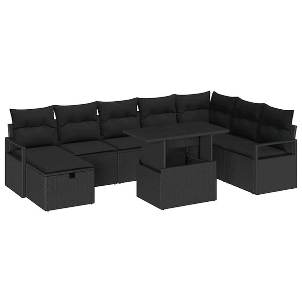vidaXL Garten-Sofa-Set mit Kissen 9 pcs Schwarz Poly Rattan