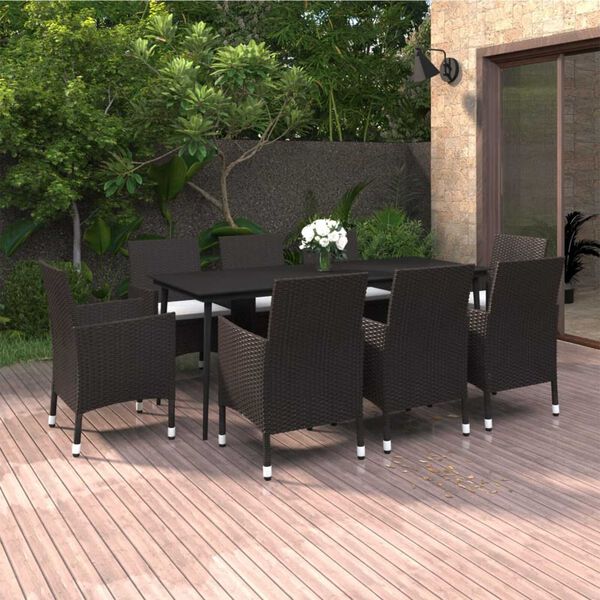 vidaXL 9-tlg. Garten-Essgruppe mit Kissen Poly Rattan und Glas