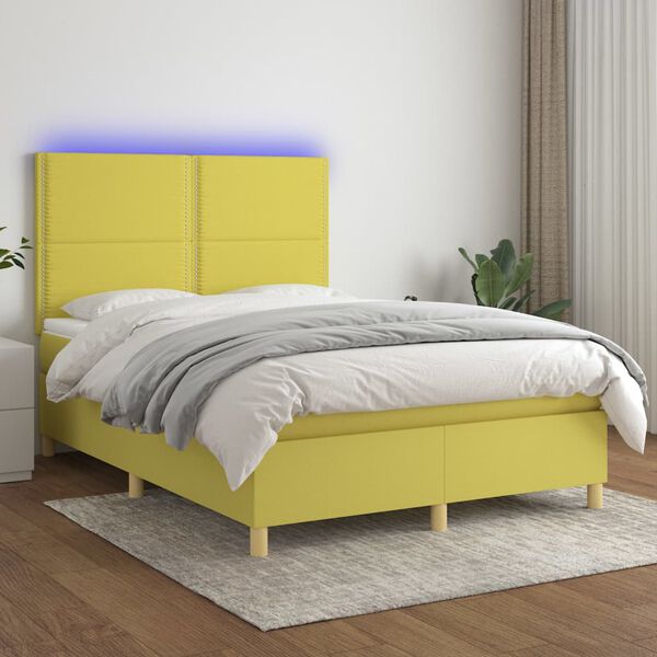 vidaXL Boxspringbett mit Matratze & LED Gr&uuml;n 140x200 cm Stoff
