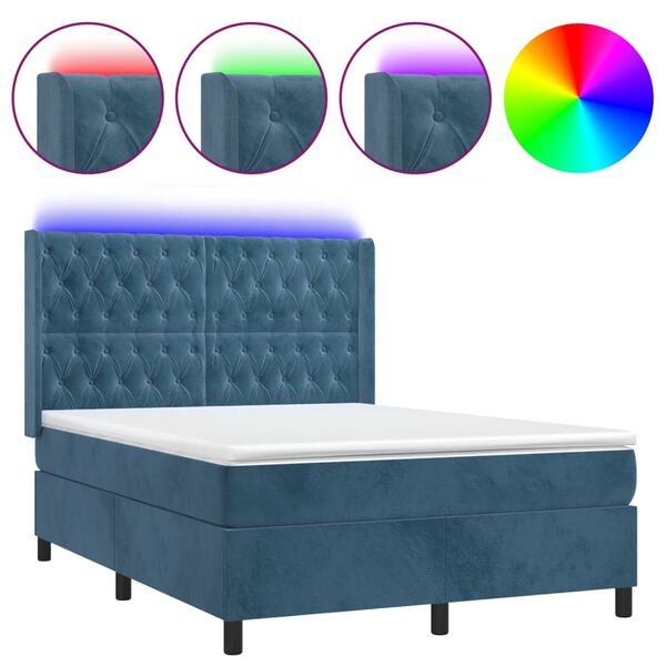vidaXL Boxspringbett mit Matratze & LED Dunkelblau 140x200 cm Samt