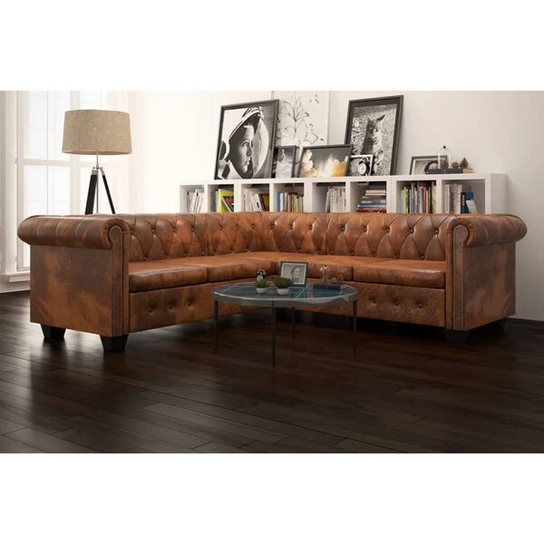 vidaXL Chesterfield-Ecksofa 5-Sitzer Kunstleder Braun