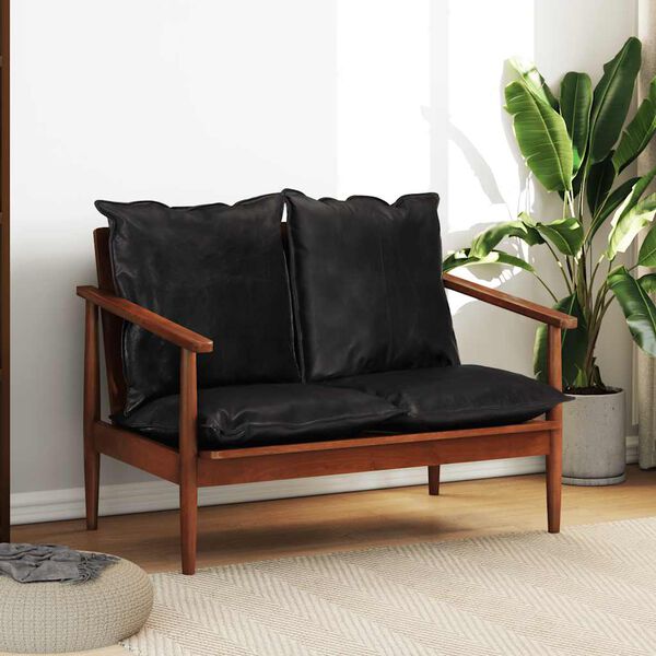 vidaXL 2-Sitzer-Sofa Schwarz Echtleder und Massivholz Akazie