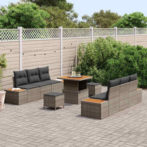 vidaXL Gartensofa-set mit Kissen mit Speicher 9 pcs Grau Poly Rattan