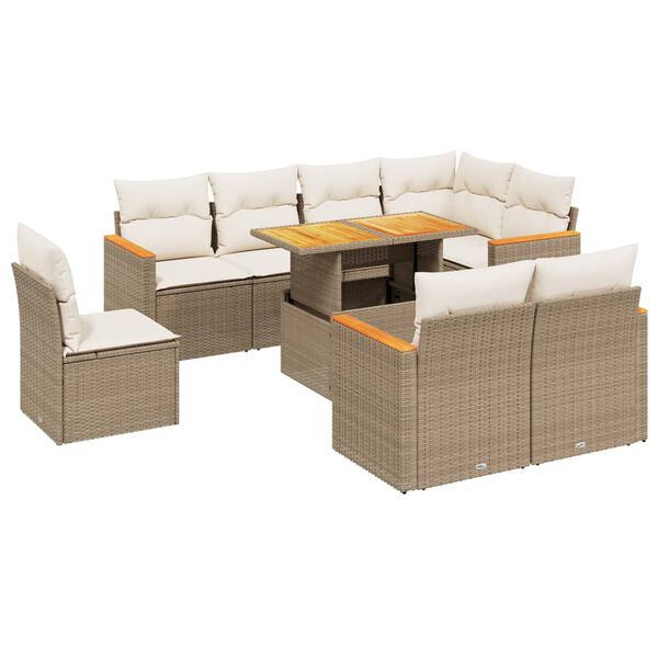 vidaXL 9-tlg. Garten-Sofagarnitur mit Kissen Beige Poly Rattan